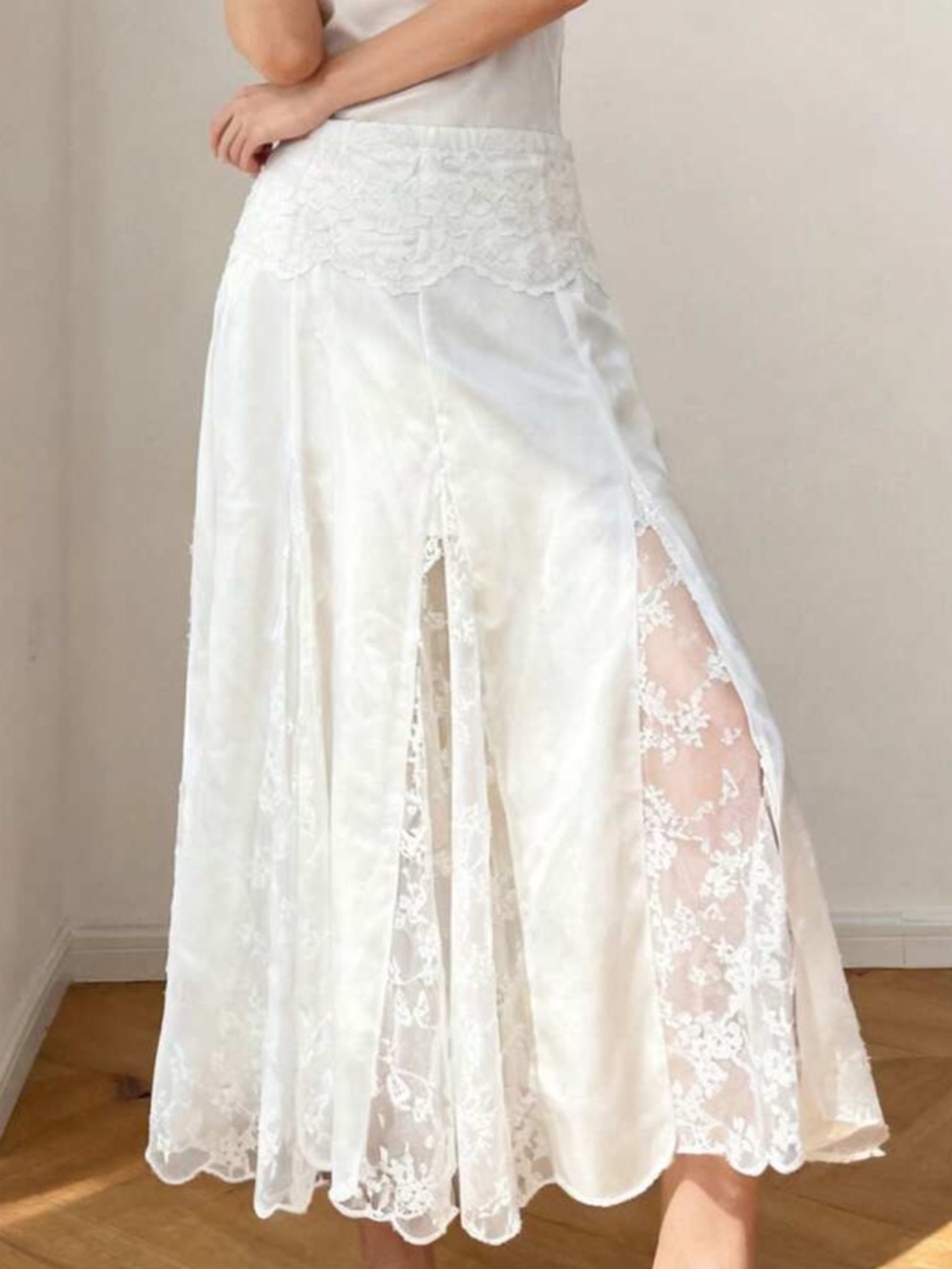 White Lace Panel Satin Skirt